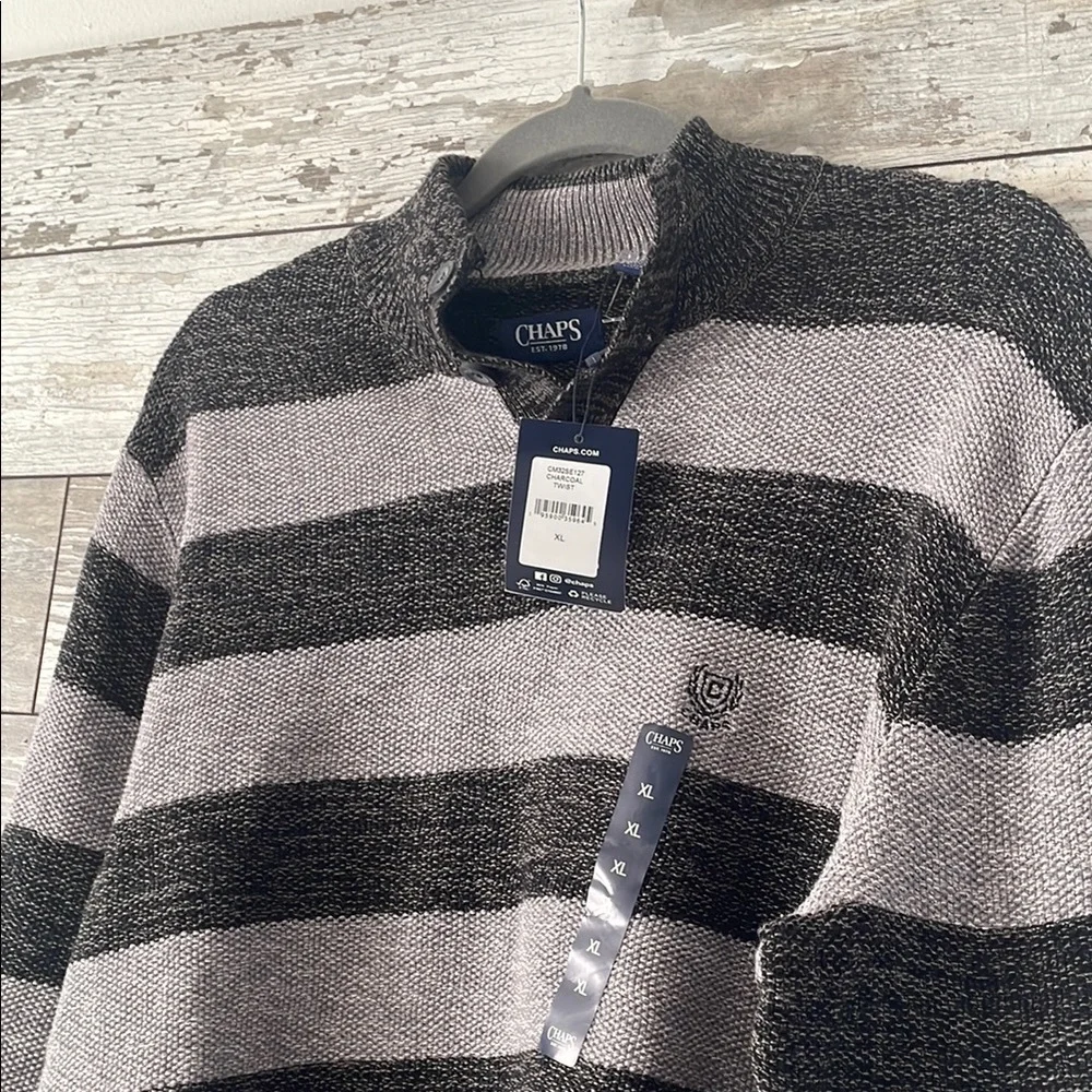 Chaps Men's Black and Gray Striped Sweater - Picture 2 of 3